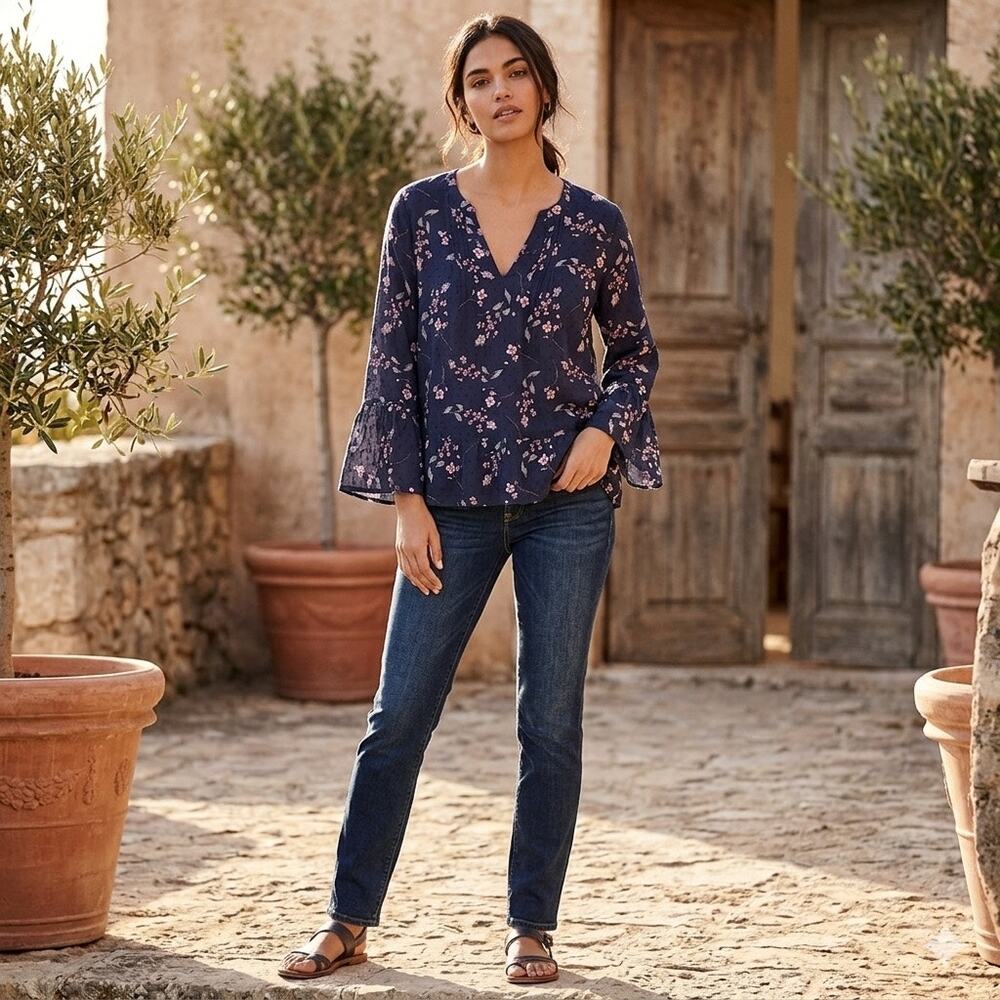 GAP XXL Navy Blue Floral Pintuck Bell Sleeve Blouse Cotton Boho Peplum Top